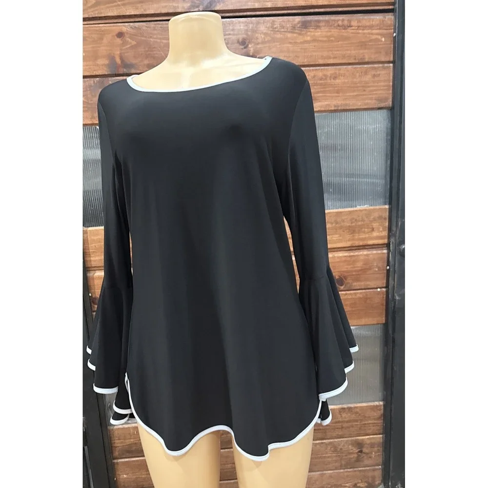Frank Lyman Design Women's Size 14 Classic Boho Bell Sleeves Blouse Black White